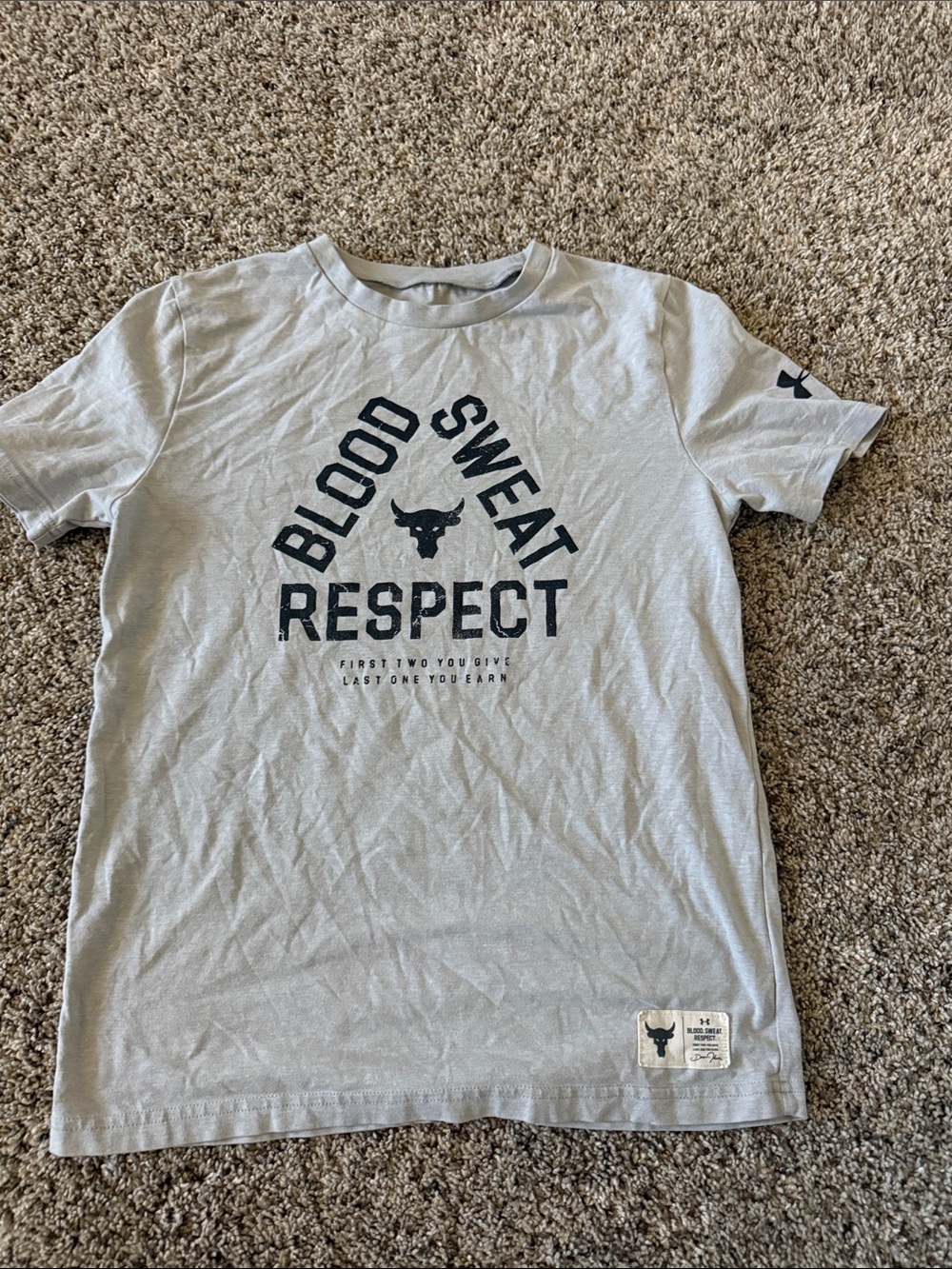 Under Armour Light Gray Short Sleeve Tee with 'Blood Sweat Respect' Graphic